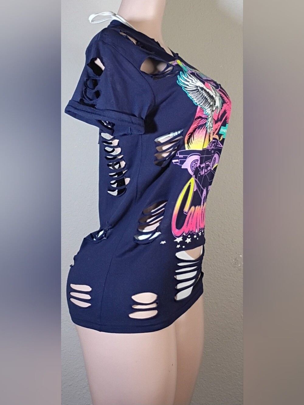 Navy Camaro Custom Graphic Distressed Women’s Tee - Picture 4 of 7